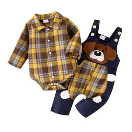 ODASIRA Baby Boy Clothes Infant Outfits Long Sleeve Plaid Bodysuit Romper + Jeans Overalls Jumpsuit Pants Sets Yellow 0-3 Months