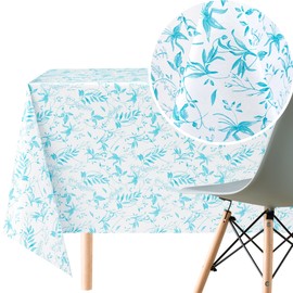 KP HOME PVC Oilcloth Tablecloth Rectangular 300 x 140 cm - Wipe-Clean Tablecloth Plastic Waterproof for 10 People - Vinyl Tablecloth White with Blue Green Turquoise Leaf Pattern
