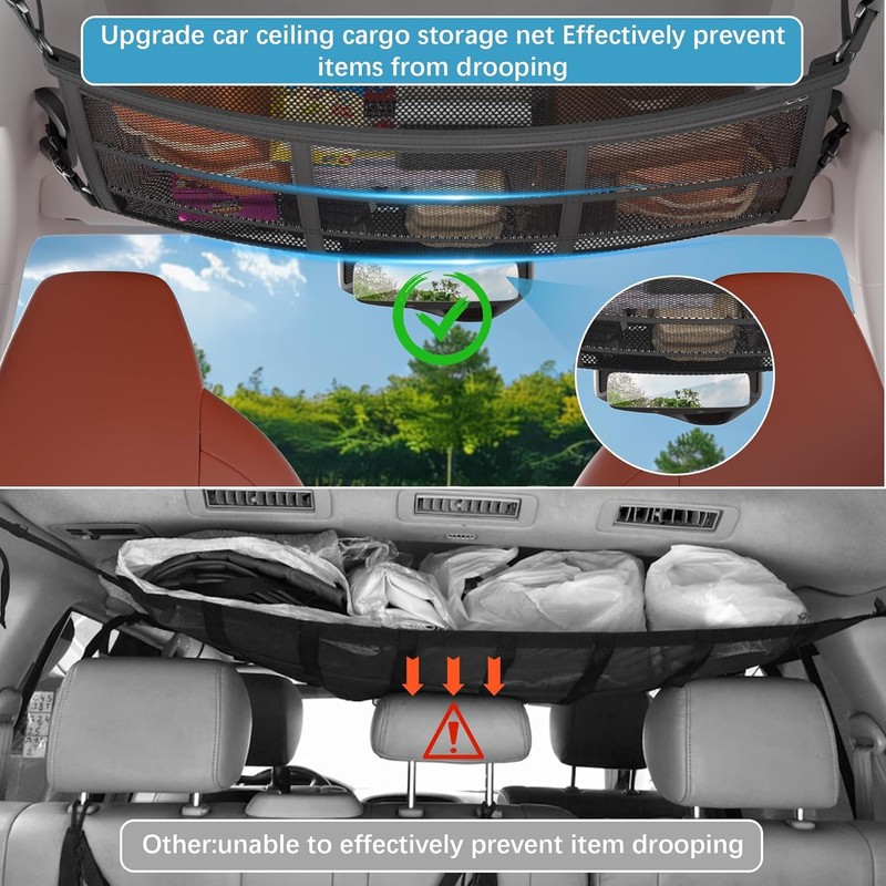 Car Ceiling Cargo Net Pocket, Interior Adjustable Double-Layer Mesh Storage