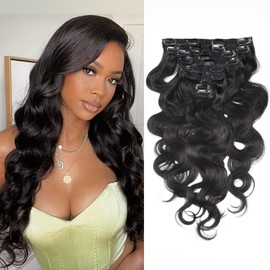 Body Wave Clip-In Hair Extensions, Real Hair, Glue-Free Hair Extensions for Black Women, 120 g, Remy Hair, Wear and Go, 8 Pieces, Double Wefts, Invisible, Seamless Clip-In Ins, 45 cm, 18 Inches, #1B