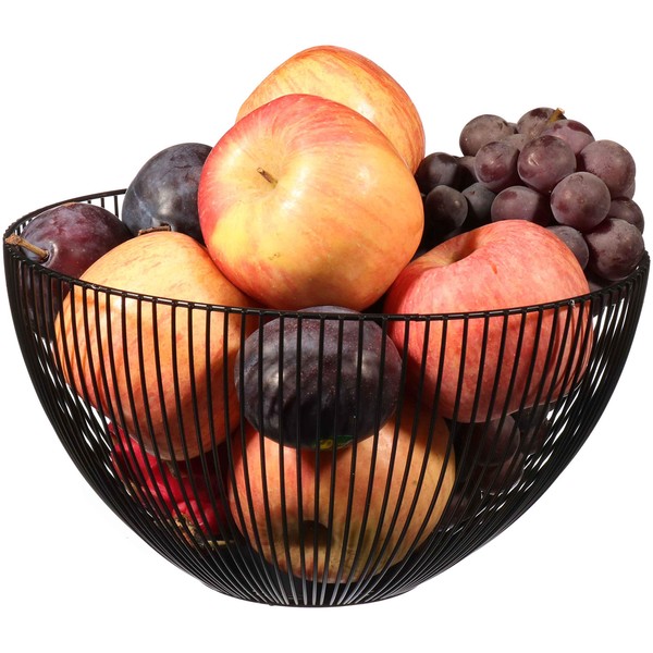 Cq acrylic Cesta de frutas de alambre de metal, grandes cestas redondas de almacenamiento para pan, tazón de frutas y verduras de alambre de metal para aperitivos, tazón de frutas moderno para decorar la encimera de la cocina, negro