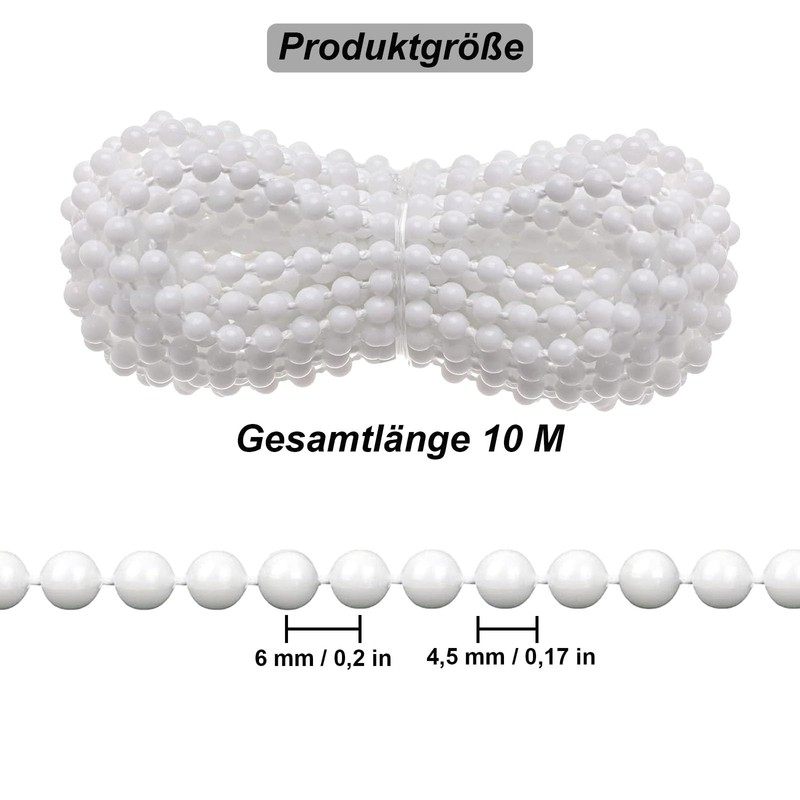 Roller Blind Chain, 10 Metres White Pearl Chain Replacement Part,