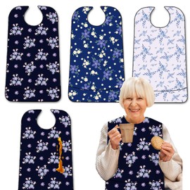 EpoBob 3 Pack Adult Bibs with Crumb Catcher, Washable and Adjustable Adult Bibs for Women Elderly Seniors, Purple Flower