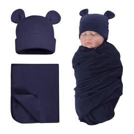 Cotton Baby Swaddle Hat Set Newborn Infant Hats Receiving Blankets for Baby Boys Girls (Navy, 0-6 Months)