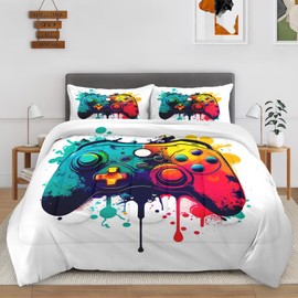 BRBGESI Full Size Comforter Set with 2 Pillowcases, Colorful Boys Video Game Controller, Bedding Decor Rainbow Gaming Gamer Gamepad White for Kids and Adults Soft Cozy Bedroom Bed Set