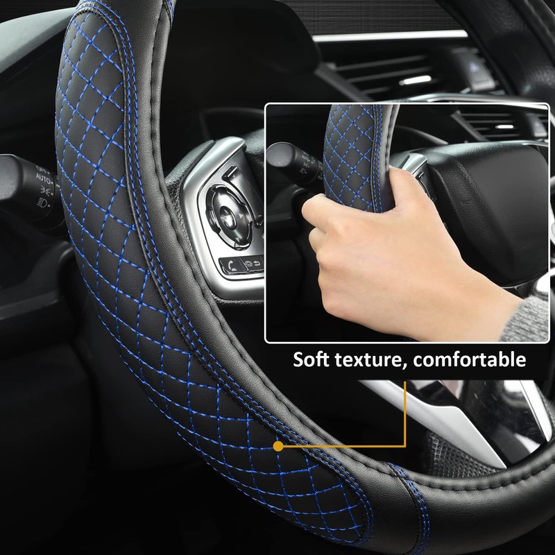 West Llama Car Steering Wheel Cover for Ford Escape,Explorer,Fusion,Focus,Bronco,Transit,Edge(Diamond Quilted-Black+Blue-