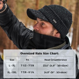 TOP-EX Winter 2 Piece Wool Knit Hat & Scarf Set for Men Visor Beanie Ear Flap Fleece Lined Cold Weather Warm Black X-Large XX-Large XL XXL