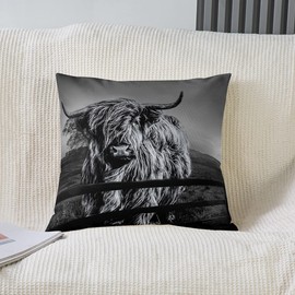 Highland Cow Cushion Cover Grey Bull Cattle Cushion Cover 40 x 40 cm Set of 1 Funny Farm Wild Animal Cushion Cover for Children Teens Adults Western Cowboy Soft Decor Cushion Cover Square