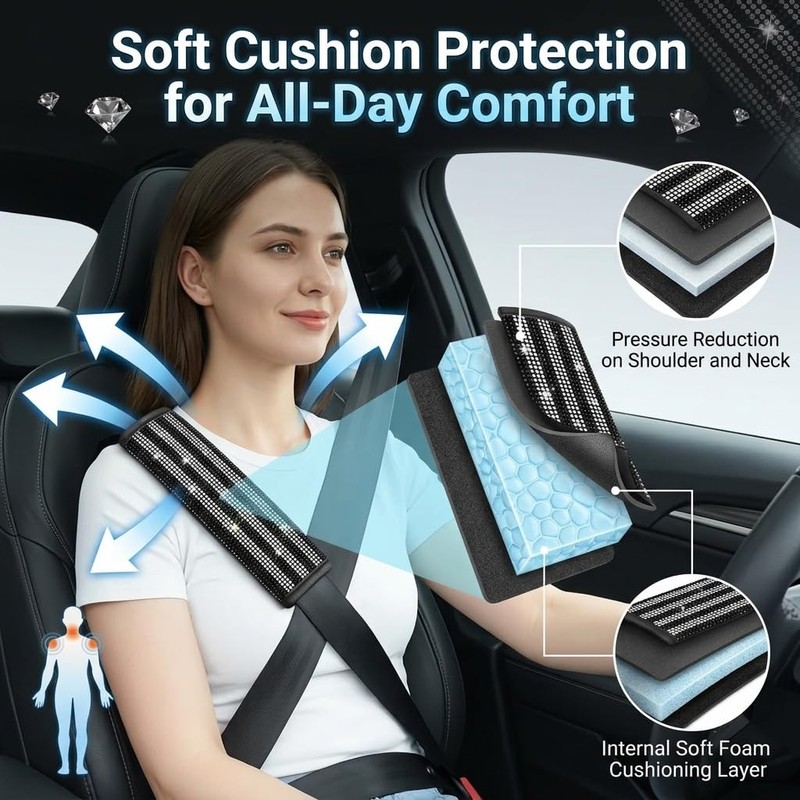 JDDRY Bling Rhinestone Seat Belt Cover, Two-Tone Diamond Sparkle Shoulder