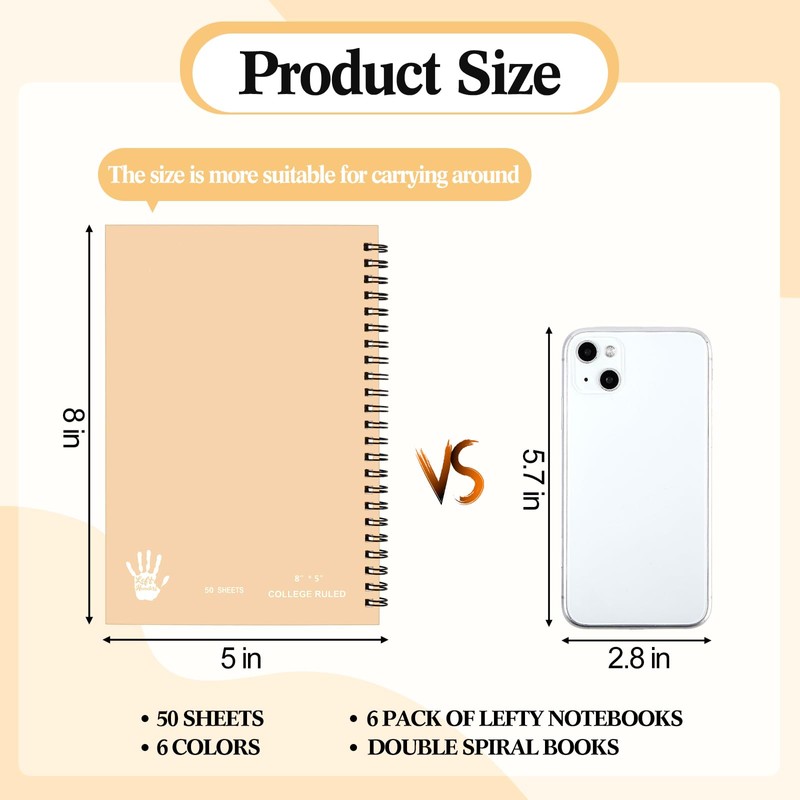 Lewtemi 6 Pack Small Left Handed Notebook 8"x5" Lefty Spiral