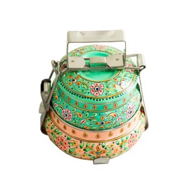 Handmade Stainless Steel Tiffin Box (Green top & Peach base, Two Tiers)