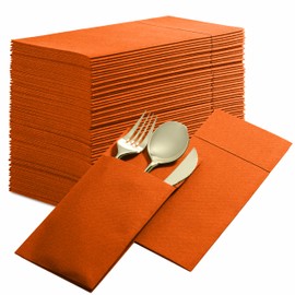 50-Pack Disposable Linen-Feel Dinner Napkins with Built-in Flatware Pocket, ORANGE Prefolded Cloth Like Paper Napkins For Thanksgiving, Dinner, Wedding Or Party [Silverware NOT Included]