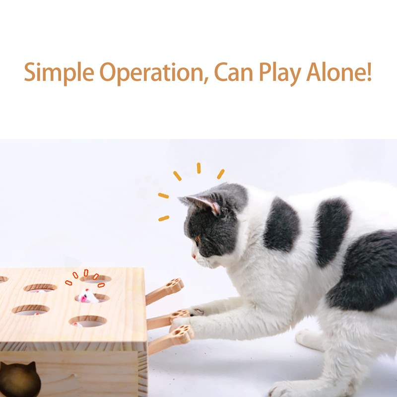Interactive Wooden Whack-A-Mole Cat Toy, Engaging and Durable Play for
