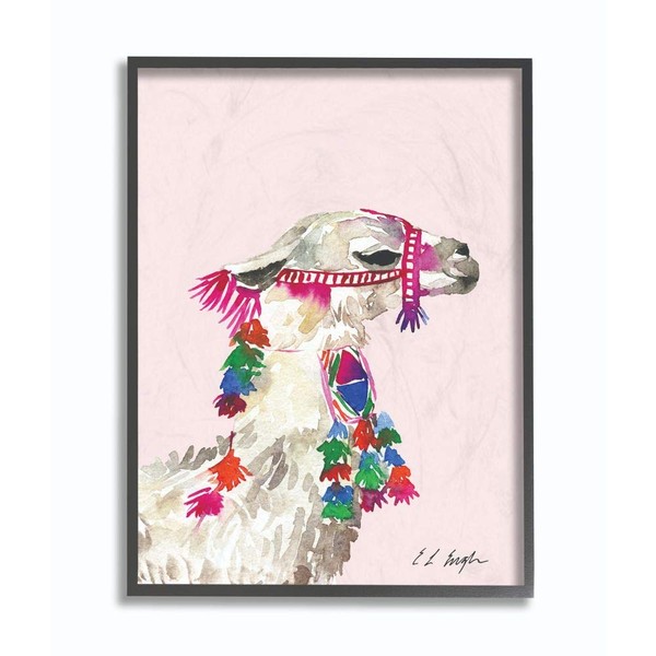 Stupell Industries Pink Llama Decorated with Tassels Watercolor Black Framed Wall Art, 11 x 14, Design by Artist Elise Engh