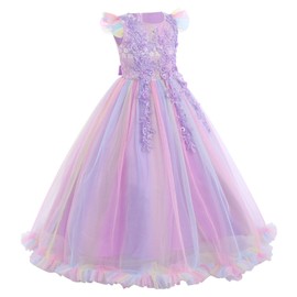 Daddy Daughter Dance Dress Pageant Princess Tulle Dress Kids Baptism Christening 3rd Birthday Party Father's Day Mother's Day Carnival Long Maxi Ball Gown Children's Day Rainbow Purple 5-6T