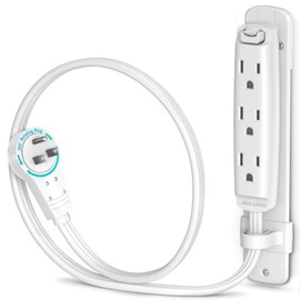 Maximm 360 Degree Rotating Flat Extension Cord 1 Ft Multi 3 Outlet Power Cord with Mounting Bracket, Grounded 16 AWG UL Certified, White
