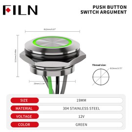 FILN 1 pcs 19MM (3/4'') Momentary Pushbutton Switch Metal Black Case Auto Reset Slim Waterproof IP67 with LED Light with Cable for Device ON/Off and Startup (12~24V Green)