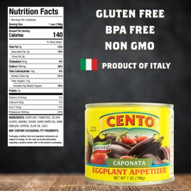 Cento Caponata Eggplant Appetizer, 7 Oz (Pack of 12), Canned Sicilian Eggplant, Onions, Tomatoes, Olives, Capers & Celery in Marinade, Made in Italy