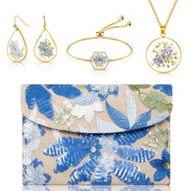 SilTriangle 4 Set Blue Floral Evening Clutch Bags for Women Embroidery Sequin Beaded Purse Handbag Jewelry Set Forget Me Not Teardrop Earrings Necklace Bracelet Charm Gift for Party, Wedding