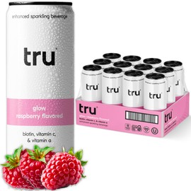Tru Glow Seltzer, Sparkling Water with Biotin, Vitamin C, Vitamin A & Real Raspberry Juice, Sweetened with Monk Fruit & Stevia, Gluten Free, Vegan, Caffeine & Sugar Free, 12 FL OZ Cans, 12 Pack