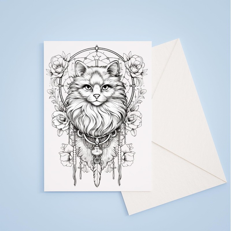 Cat Dreamcatcher Coloring Cards, 5" x 7", Stationary Set, Easy