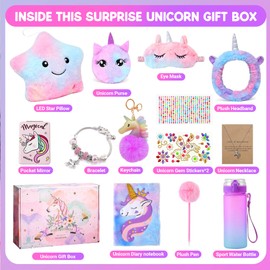 Unicorns Gifts Set for Girls, Kids Unicorn Toys with Light Up Plush Star Pillow, Diary, Headband, Eye Mask, Water Bottle, Soft Plush Toys Set for Teens Gift, Age 3-10+ Years Old Girl Birthday Gift