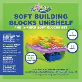 UNiPLAY Building Blocks Daycare Play Shelf with Storage 11 Piece Set, Sensory Toys Storage Bin and Play Shelf for Teething Baby Starter Learning Building Blocks, Ages 3 Months and Up, Purple
