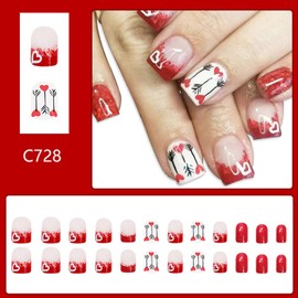Vopintpy Valentine's Day Love Heart Press on Nails Romantic Red Glitter Fake Nails Short Square Valentines Acrylic Glue on Nails Glossy Artificial Stick on Nails for Women DIY Manicure Decor