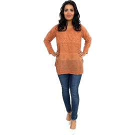 Lucknow Chikankari Soft Cotton Short Kurta, Top, Blouse for Women/Hand Embroidered Tunic (XX Large 46 (for bust 42 inches), Orange)