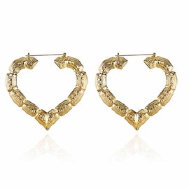 Heart Bamboo Earrings Large Bamboo Joint Hoop Earrings Hip-Hop Golden Big Circle Studs Earrings for Women Punk Party Fashion Jewelry (C:Gold Heart)