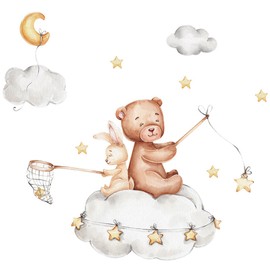 duoyif Wall Sticker Bear Rabbit Wall Sticker Stars Moon Clouds Children's Room Wall Decoration Wall Sticker Children's Animal Nursery Wall Sticker Watercolour Wall Stickers Nursery Baby Room Playroom 60 x 70 cm