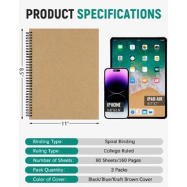 Dynta 3Packs Large Spiral Notebooks 8.5 "x 11" Lined College Ruled Journals for Work, School, Good for Students and Office, 160 Pages/80 Sheets with 100 GSM Lined Paper(3 Colors)