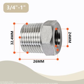 Bwintech 2 Pieces 3/4 Inch Female Thread to 1 Inch Male Thread BSP Thread Stainless Steel 304 Hex Bushings Reducer Connector for Conversion of Pipe Connections