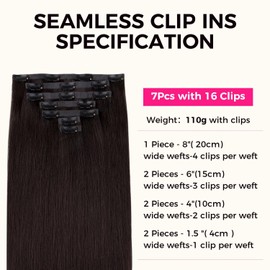 Lashey Seamless Clip in Hair Extensions Human Hair 110g 7pcs #2 Dark Brown Light Yaki Straight 22 Inch Remy Human Hair Clip in Extensions for Women