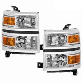 Reinko For 2014 2015 Chevy Silverado 1500 Headlights Assembly, For 14-15 1500 Silverado Halogen Headlamp Factory OE Style Chrome Housing Amber Coner Head Lights Pair Set Driver & Passenger Replacement