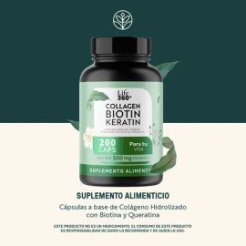 Colágeno Hidrolizado Biotina Y Queratina Suplemento Alimenticio en Cápsulas Life360+ 200 Cápsulas Collagen Biotin Keratin