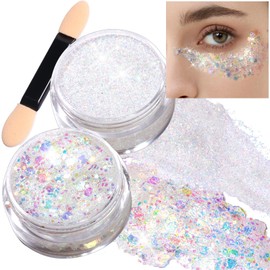 Teenitor Face Glitter, 20g/0.7oz Body Glitter Gel for Makeup, Hair Glitter Gel, 2Pcs White Rave Glitter Set for Face, Body, Hair, Dual Glitter Options for Every Occasion