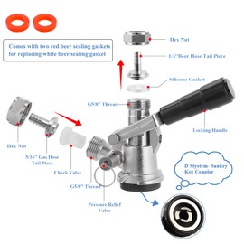 Keg Coupler for Sankey D System Beer Keg Tap Dispenser-304 Stainless Steel Probe, Beer Kegerator Tap D-Type Sankey Keg Coupler fit for I.D1/4", 3/16" Draft Beer Line & 5/16'' Gas Line with Hose Clamps