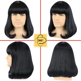 PUREHAIR Men's Short Black Bob Wig with Full Bangs Unisex Funny Costume Wig for Men Halloween Cosplay Party (Adults)