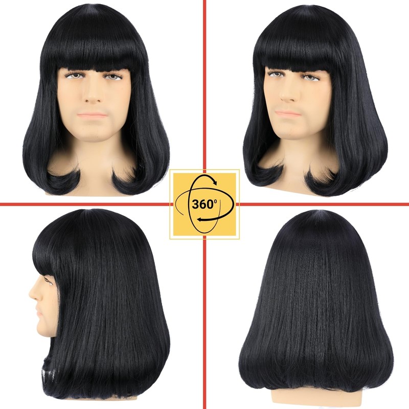PUREHAIR Men's Short Black Bob Wig with Full Bangs Unisex