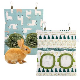 2Pcs Hay Feeder Bag for Rabbits, 2-Hole Hanging Rabbit Hay Feeder for Guinea Pigs, Chinchillas, Hamsters & Small Pets, Durable Fabric Hay Holder