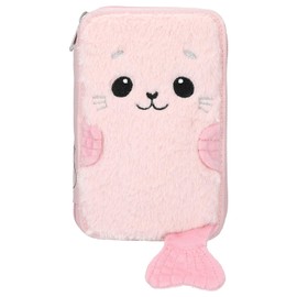Depesche Princess Mimi Robby - Filled 2-Compartment Pencil Case in Rose with Fluffy Seal Motif and Appliqued Fins, Pencil Case with Coloured Pencils, Ruler, Scissors and much more