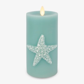 Luminara Embossed Starfish Flameless LED Candle Moving Flame Pillar Unscented Real Wax with Recessed Edge - 3" x 6.5" (Soft Teal)
