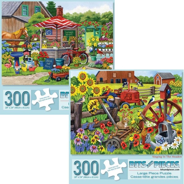Bits and Pieces - Value Set of Two (2) – 300 Piece Jigsaw Puzzles for Adults - Farm Scenes Large Piece Jigsaws by Artist Nancy Wernersbach – 18" x 24"