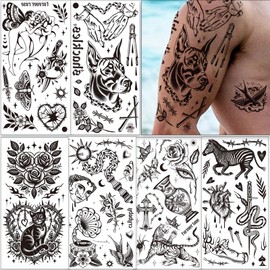 Tazimi 12 Sheets Large Black Old School Temporary Tattoos for Women Men& Adult, Traditional Vintage Mixed Styles Half Arm/Tiny Tattoo Stickers,Waterproof American Classic Fake Tattoos