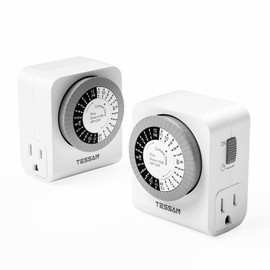 TESSAN Outlet Timer, Mechanical 24-Hour Light Timers for Electrical Outlets Indoor, Dual 3-Prong Sockets 30-Minute Intervals, for Lamps, Christmas Lights, Fans (2 Pack)