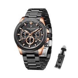 PC PARAS CROWN Mens Watches Luxury Japanese Quartz Movement 5ATM Waterproof Chronograph Wrist Watches for Men Stainless Steel Case