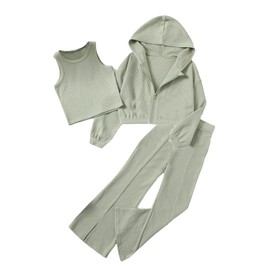 Floerns Girls Long Sleeve Hoodie Tank Split Flare Pants Set Three Piece Outfit A Green 9Y
