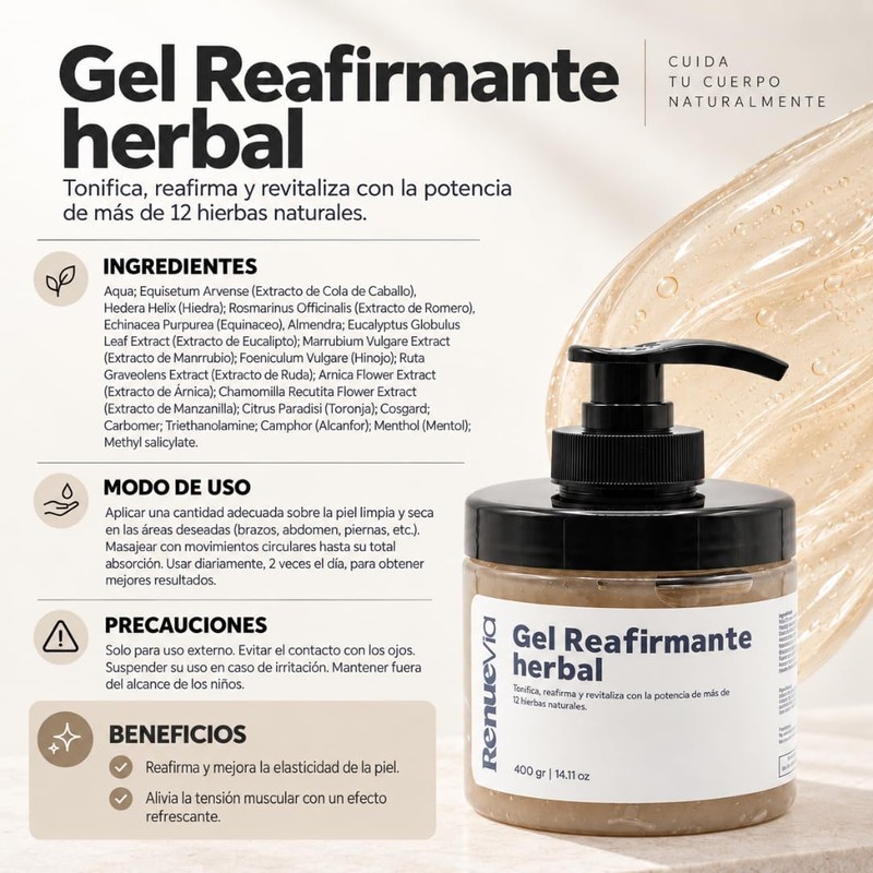 Gel Reafirmante Herbal, 400 g, Fórmula Natural con Mentol y