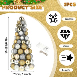 Meooeck 2 Pcs Christmas Ball Tree with Lights 16 Inch LED Fireplace Table Holiday Xmas Tree Decorations Tabletop Christmas Beach Decorations for Party(Gold, Silver, Yellow)